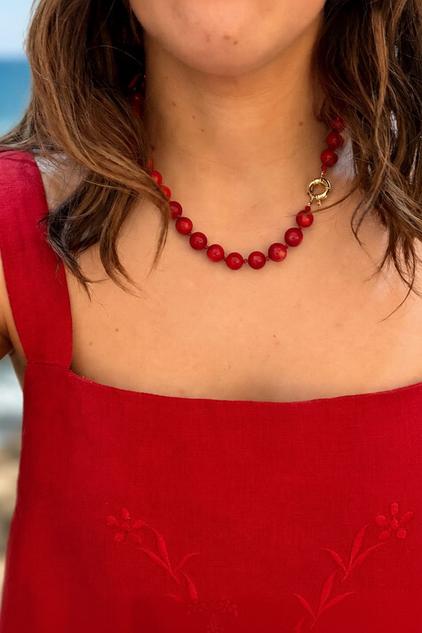 Red Coral Necklace Portrait Zoomed