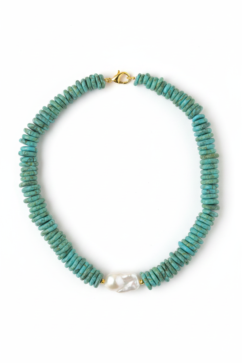 Turquoise & Pearl Necklace on White Background